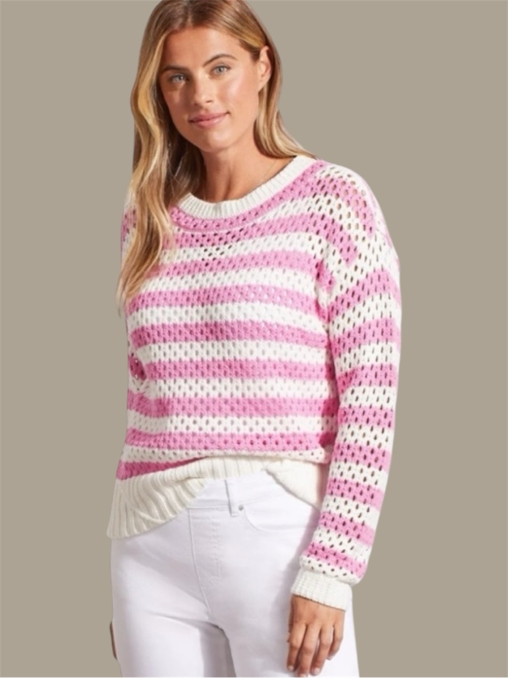 Tribal Pink White Stripe Open Knit Cotton Sweater XXL
